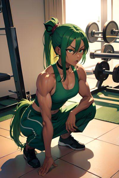 Anime Muscular Small Tits 30s Age Angry Face Green Hair Ponytail Hair Style Dark Skin Film Photo Gym Front View Squatting Maid 3680476878342162713 - AI Hentai - aihentai.co on pornintellect.com