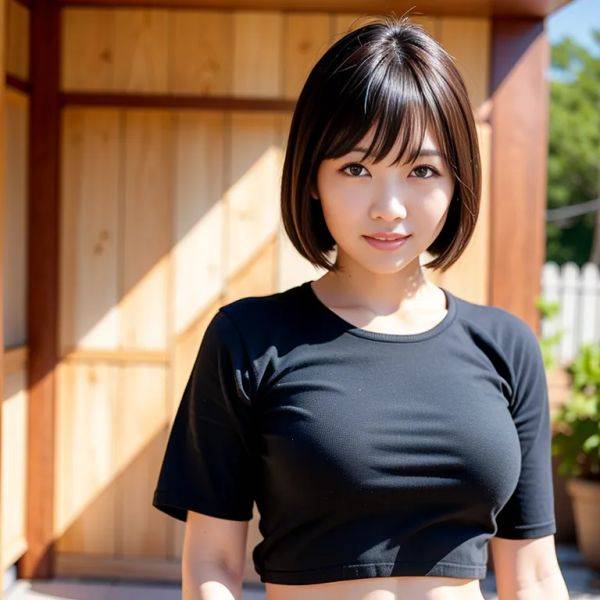 , japanese,woman,twenties,(RAW photo, best quality, masterpiece:1.1), (realistic, photo-realistic:1.2), ultra-detailed, ultra high res, physically-based rendering,short hair,black hair,bangs,beautiful,(smile),huge - pornmake.ai - Japan on pornintellect.com