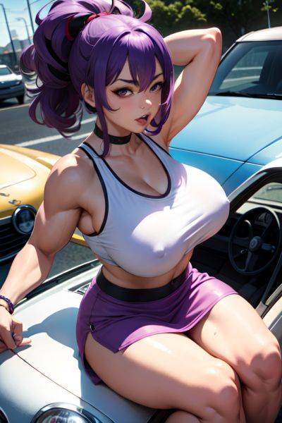 Anime Muscular Huge Boobs 60s Age Ahegao Face Purple Hair Messy Hair Style Light Skin Illustration Car Close Up View Jumping Mini Skirt 3681122410826254744 - AI Hentai - aihentai.co on pornintellect.com