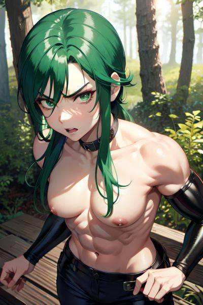 Anime Muscular Small Tits 20s Age Angry Face Green Hair Slicked Hair Style Light Skin Cyberpunk Forest Close Up View Plank Goth 3681246105800498969 - AI Hentai - aihentai.co on pornintellect.com