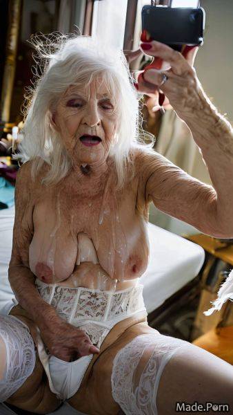 Saggy tits selfie bangs hair indoors woman spreading legs white hair AI porn - made.porn on pornintellect.com