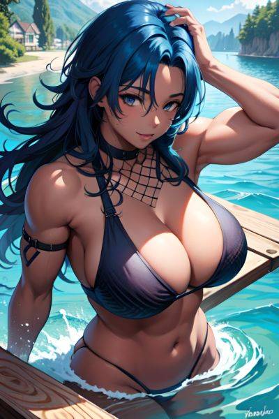 Anime Muscular Huge Boobs 18 Age Happy Face Blue Hair Messy Hair Style Dark Skin Painting Lake Front View Plank Fishnet 3677125515351251863 - AI Hentai - aihentai.co on pornintellect.com