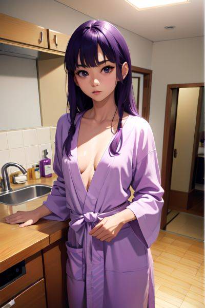 Anime Skinny Small Tits 80s Age Serious Face Purple Hair Bangs Hair Style Light Skin Crisp Anime Kitchen Front View Bathing Bathrobe 3677171901462529859 - AI Hentai - aihentai.co on pornintellect.com