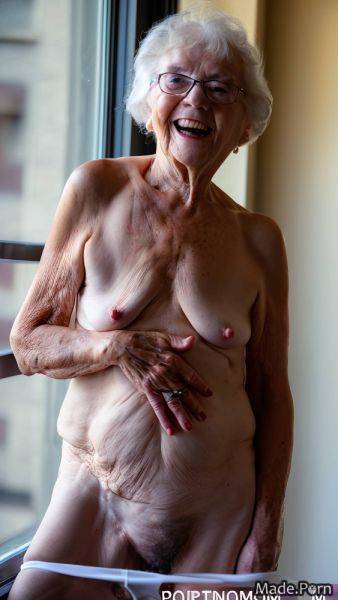 Saggy tits balcony portrait skinny white hair looking at viewer laughing AI porn - made.porn on pornintellect.com