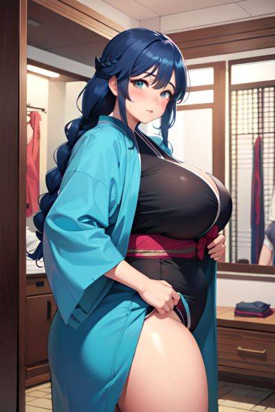 Anime Chubby Huge Boobs 30s Age Sad Face Blue Hair Braided Hair Style Dark Skin Charcoal Changing Room Front View Massage Kimono 3683793452526473569 - AI Hentai - aihentai.co on pornintellect.com