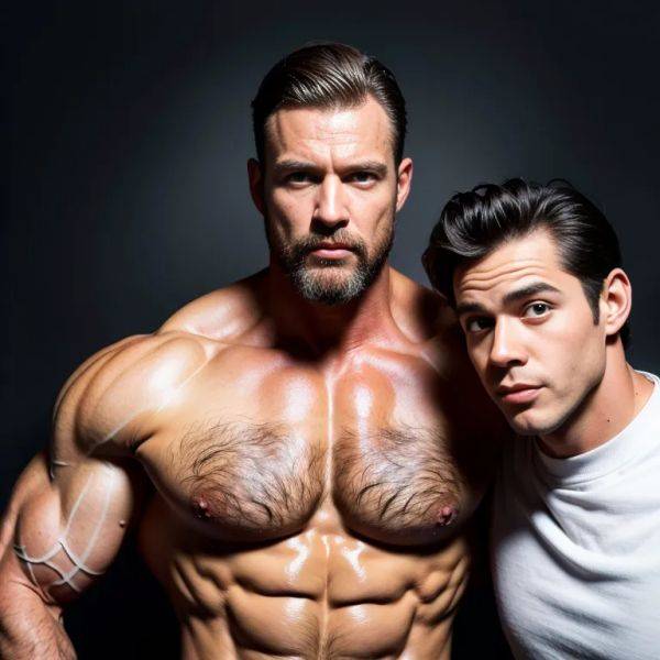 ,white people,(2men:2), manly man,elder,(RAW photo, best quality, masterpiece:1.1), (realistic, photo-realistic:1.2), ultra-detailed, ultra high res, physically-based rendering,muscular,tattoo,abs,collar,(adult:1.5) - pornmake.ai on pornintellect.com