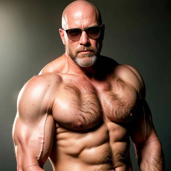,white people,manly man,elder,(RAW photo, best quality, masterpiece:1.1), (realistic, photo-realistic:1.2), ultra-detailed, ultra high res, physically-based rendering,bald,red hair,muscular,tattoo,abs,collar,sunglasses,nude,sun,full body,(adult:1.5) - pornmake.ai on pornintellect.com