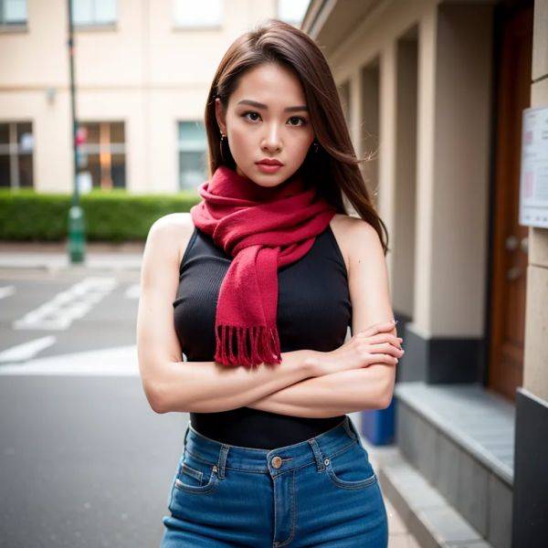 ,woman,twenties,(RAW photo, best quality, masterpiece:1.1), (realistic, photo-realistic:1.2), ultra-detailed, ultra high res, physically-based rendering,large forehead,angry,side eye,normal breasts,medium ass,perfect body,scarf,full body,(adult:1.5) - pornmake.ai on pornintellect.com