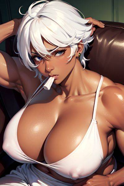 Anime Muscular Huge Boobs 80s Age Sad Face White Hair Pixie Hair Style Dark Skin Skin Detail (beta) Couch Close Up View Eating Pajamas 3685096115577080110 - AI Hentai - aihentai.co on pornintellect.com