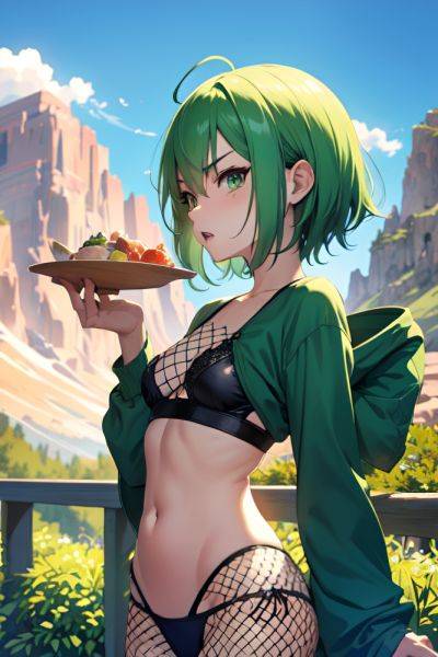 Anime Skinny Small Tits 40s Age Angry Face Green Hair Pixie Hair Style Light Skin Watercolor Mountains Front View Eating Fishnet 3685204349968777158 - AI Hentai - aihentai.co on pornintellect.com