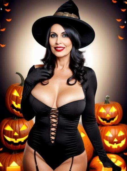 Busty AI generated babe Sasha Lansday teases with her juicy tits on Halloween - pornpics.com on pornintellect.com
