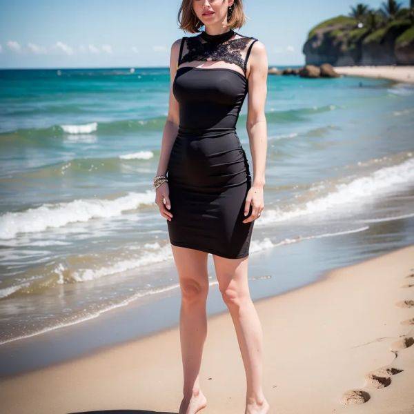 ,white people,woman,thirties,(RAW photo, best quality, masterpiece:1.1), (realistic, photo-realistic:1.2), ultra-detailed, ultra high res, physically-based rendering,cool,Black dress,daytime,beach,front view,(adult:1.5) - pornmake.ai on pornintellect.com