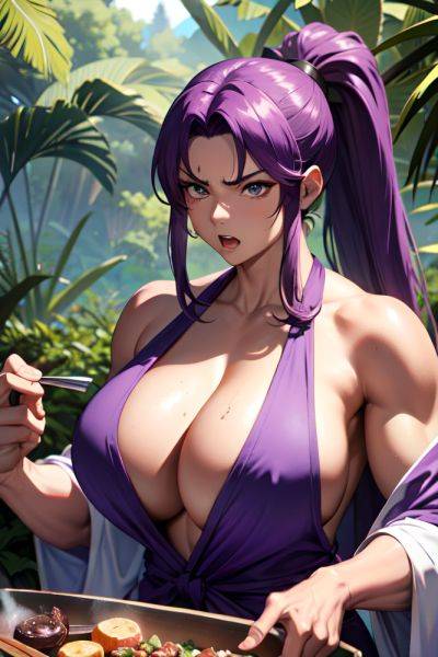 Anime Muscular Huge Boobs 18 Age Angry Face Purple Hair Ponytail Hair Style Dark Skin Vintage Jungle Close Up View Cooking Bathrobe 3683314134170957337 - AI Hentai - aihentai.co on pornintellect.com