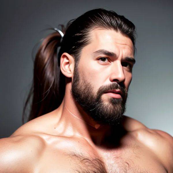 Manly man,thirties,(RAW photo, best quality, masterpiece:1.1), (realistic, photo-realistic:1.2), ultra-detailed, ultra high res, physically-based rendering,long hair,pony tail,(adult:1.5) - pornmake.ai on pornintellect.com