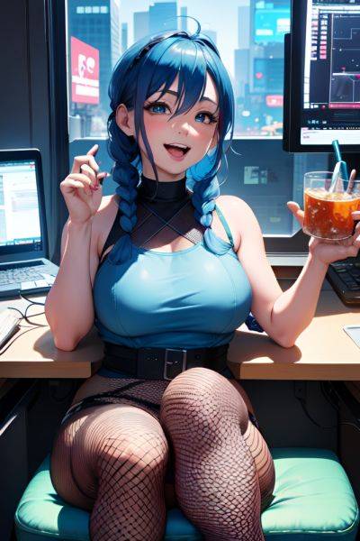 Anime Chubby Small Tits 30s Age Laughing Face Blue Hair Braided Hair Style Light Skin Cyberpunk Office Close Up View Eating Fishnet 3687825137913314989 - AI Hentai - aihentai.co on pornintellect.com