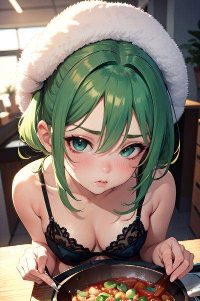 Anime Busty Small Tits 80s Age Pouting Lips Face Green Hair Slicked Hair Style Light Skin Soft + Warm Office Close Up View Cooking Lingerie 3689920224613632119 - AI Hentai - aihentai.co on pornintellect.com