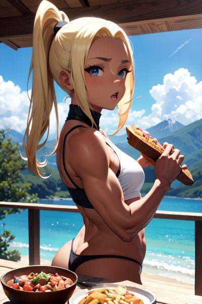 Anime Muscular Small Tits 20s Age Shocked Face Blonde Slicked Hair Style Dark Skin Black And White Mountains Front View Eating Schoolgirl 3690163749261960835 - AI Hentai - aihentai.co on pornintellect.com