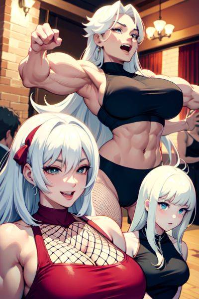 Anime Muscular Huge Boobs 50s Age Laughing Face White Hair Straight Hair Style Light Skin Illustration Party Front View Jumping Fishnet 3690271982267391479 - AI Hentai - aihentai.co on pornintellect.com