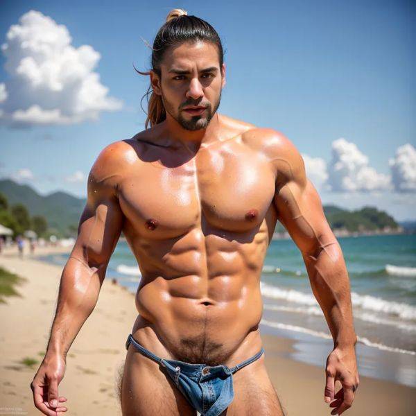 , latino,manly man,twenties,(RAW photo, best quality, masterpiece:1.1), (realistic, photo-realistic:1.2), ultra-detailed, ultra high res, physically-based rendering,pony tail,blonde hair,perfect body,(tan:1.2),(wet:1.1),front view,full body,(adult:1.5) - pornmake.ai on pornintellect.com