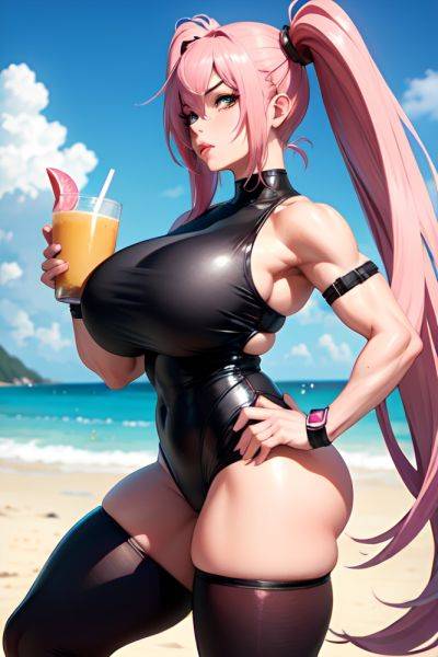 Anime Muscular Huge Boobs 30s Age Pouting Lips Face Pink Hair Pigtails Hair Style Light Skin Cyberpunk Beach Front View Eating Goth 3690963901489734991 - AI Hentai - aihentai.co on pornintellect.com