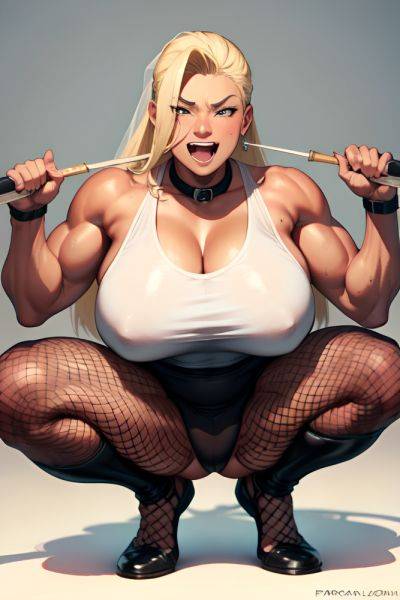 Anime Muscular Huge Boobs 30s Age Laughing Face Blonde Slicked Hair Style Dark Skin Watercolor Wedding Front View Squatting Fishnet 3691056672955961035 - AI Hentai - aihentai.co on pornintellect.com