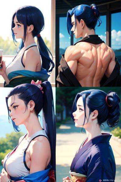 Anime Muscular Small Tits 30s Age Laughing Face Blue Hair Slicked Hair Style Dark Skin Crisp Anime Cafe Back View On Back Kimono 3687941102052223362 - AI Hentai - aihentai.co on pornintellect.com