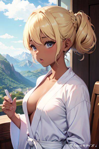 Anime Busty Small Tits 50s Age Shocked Face Blonde Hair Bun Hair Style Dark Skin Illustration Mountains Close Up View Working Out Bathrobe 3691226753490671914 - AI Hentai - aihentai.co on pornintellect.com