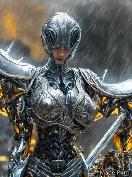 Mechanical wings cyborg close up long hair thunderstorm yellow robot AI porn - made.porn on pornintellect.com