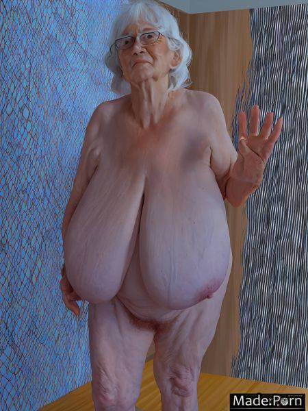 Looking at viewer white hair inverted bobcut glasses full shot baroque chubby AI porn - made.porn on pornintellect.com