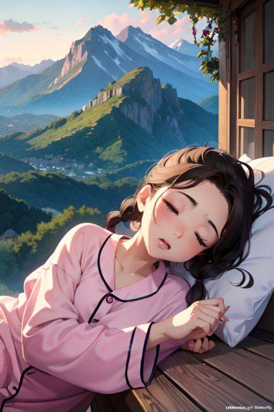 Anime Busty Small Tits 80s Age Ahegao Face Brunette Braided Hair Style Light Skin Illustration Mountains Front View Sleeping Pajamas 3688447477561534793 - AI Hentai - aihentai.co on pornintellect.com