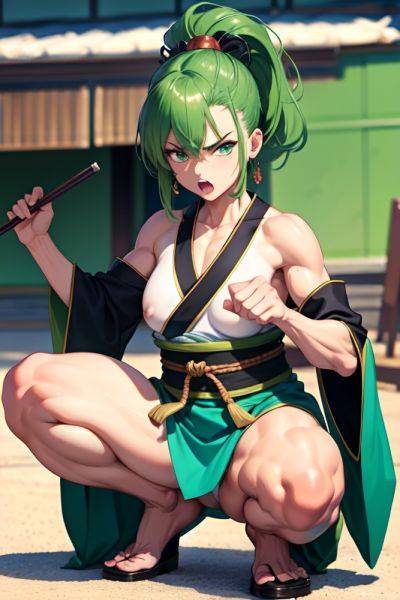 Anime Muscular Small Tits 20s Age Angry Face Green Hair Slicked Hair Style Light Skin Dark Fantasy Party Front View Squatting Kimono 3688563444446157270 - AI Hentai - aihentai.co on pornintellect.com