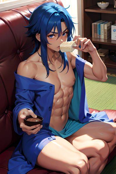 Anime Muscular Small Tits 20s Age Seductive Face Blue Hair Messy Hair Style Dark Skin Dark Fantasy Couch Front View Eating Bathrobe 3688861085683039150 - AI Hentai - aihentai.co on pornintellect.com