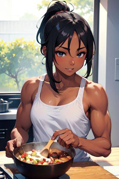 Anime Muscular Small Tits 20s Age Happy Face Black Hair Ponytail Hair Style Dark Skin Illustration Oasis Close Up View Cooking Pajamas 3697307137611129659 - AI Hentai - aihentai.co on pornintellect.com