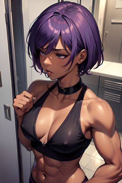 Anime Muscular Small Tits 60s Age Seductive Face Purple Hair Pixie Hair Style Dark Skin Charcoal Locker Room Front View Sleeping Goth 3697519739585841695 - AI Hentai - aihentai.co on pornintellect.com