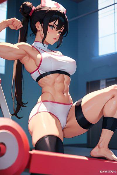 Anime Muscular Small Tits 80s Age Seductive Face Black Hair Hair Bun Hair Style Light Skin Illustration Gym Front View Working Out Nurse 3697759398762611478 - AI Hentai - aihentai.co on pornintellect.com