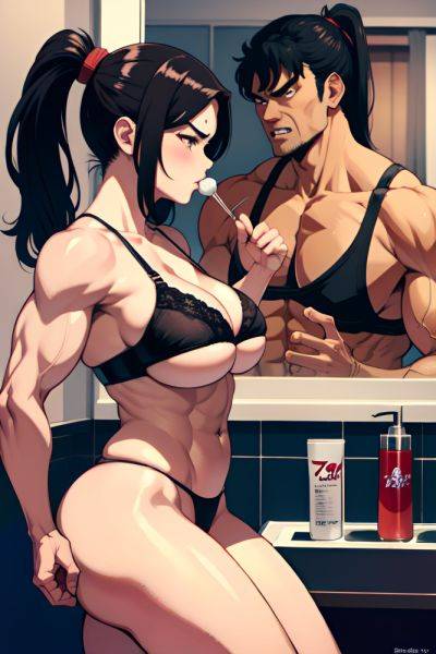 Anime Muscular Huge Boobs 70s Age Angry Face Black Hair Ponytail Hair Style Light Skin Illustration Bathroom Side View Eating Bra 3697840573637449061 - AI Hentai - aihentai.co on pornintellect.com
