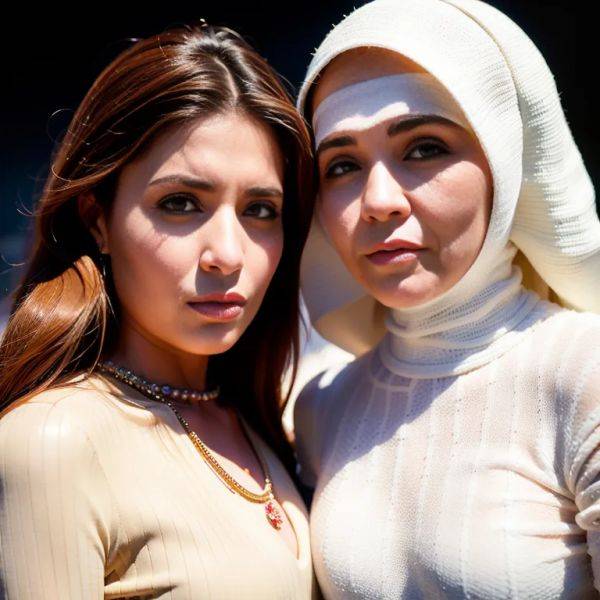 , Arabs,(2women:2),aging,(RAW photo, best quality, masterpiece:1.1), (realistic, photo-realistic:1.2), ultra-detailed, ultra high res, physically-based rendering,long hair,straight hair,blonde hair,brown eyes,beautiful,angry,(adult:1.5) - pornmake.ai on pornintellect.com