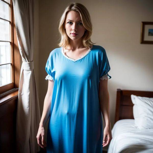 ,white people,woman,thirties,(RAW photo, best quality, masterpiece:1.1), (realistic, photo-realistic:1.2), ultra-detailed, ultra high res, physically-based rendering,blue eyes,beautiful,happy,perfect body,nightgown,micro skirt,standing,bedroom,(adult:1.5) - pornmake.ai on pornintellect.com