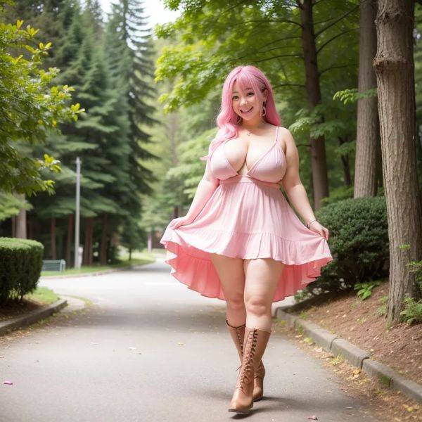 Hkgirl, (kpop idol), ,woman,elder,long hair,spiralcurl,pink hair,beautiful,(smile),huge breasts,fat,boots,Pink dress,micro skirt,standing,forest,front view,full body,(adult:1.5) - pornmake.ai on pornintellect.com