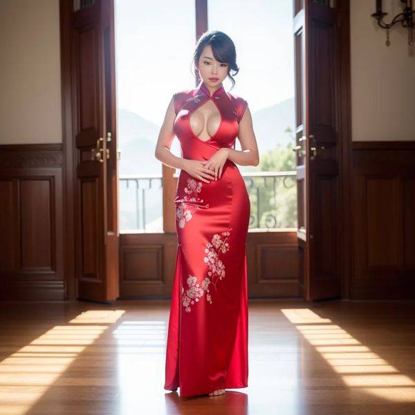 Woman,twenties,(RAW photo, best quality, masterpiece:1.1), (realistic, photo-realistic:1.2), ultra-detailed, ultra high res, physically-based rendering,huge breasts,(silk),qipao, chinese clothes,standing,in front of - pornmake.ai - China on pornintellect.com