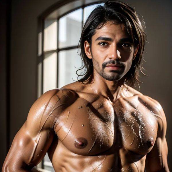 , Indian, brown skin, facial mark,(2men:2), manly man,twenties,(RAW photo, best quality, masterpiece:1.1), (realistic, photo-realistic:1.2), ultra-detailed, ultra high res, physically-based rendering,short hair,(wet - pornmake.ai - India on pornintellect.com