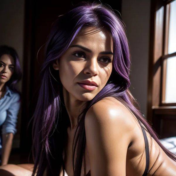 , latino,(2women:2),aging,(RAW photo, best quality, masterpiece:1.1), (realistic, photo-realistic:1.2), ultra-detailed, ultra high res, physically-based rendering,long hair,double tail,purple hair,perfect body,(adult:1.5) - pornmake.ai on pornintellect.com