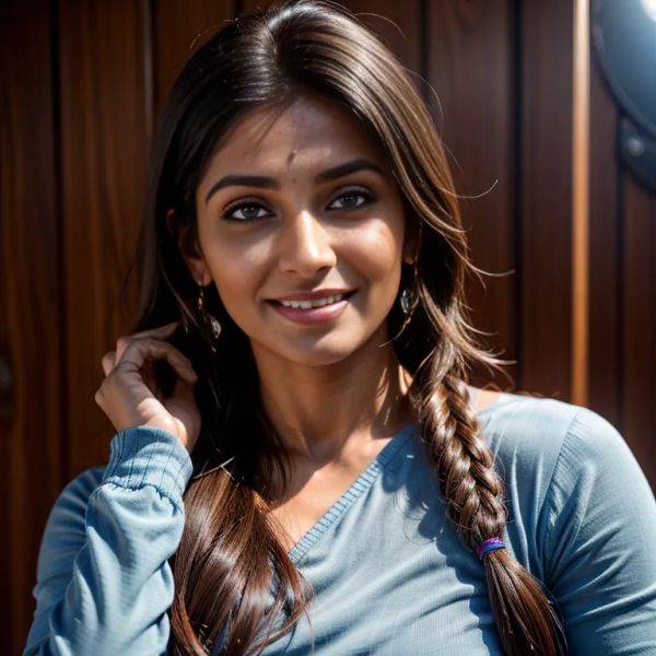 , Indian, brown skin, facial mark,woman,twenties,(RAW photo, best quality, masterpiece:1.1), (realistic, photo-realistic:1.2), ultra-detailed, ultra high res, physically-based rendering,long hair,pony tail,hair - pornmake.ai - India on pornintellect.com