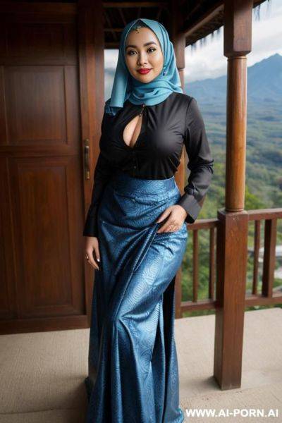 ((olive skin indonesian, sunda ethnicity)) ((traditional long sleeves black shirt, long skirt with blue batik pattern, sunda outfit)) ((huge massive perky boobs)) ((looking at viewer)) ((mountain - ai-porn.ai - Indonesia on pornintellect.com