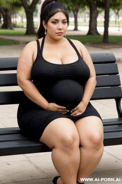 A short very fat pregnant mexican woman sitting on the bench at a park, she is wearing a black dress - ai-porn.ai - Mexico on pornintellect.com