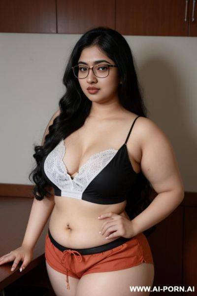 Pale skin, cute, beautiful, indian woman, round glasses, round boobs, shorts, chubby, navel piercing, chubby - ai-porn.ai - India on pornintellect.com