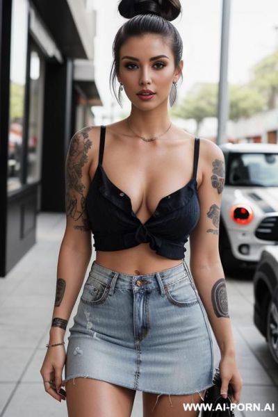 Low cut shirt, ripped jeans, jeans unbuttoned, exposed panties, tits out, piercing, classy tattoos - ai-porn.ai on pornintellect.com