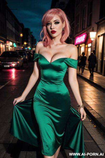 Vampire, pink hair, sexy green dress, night street - ai-porn.ai on pornintellect.com