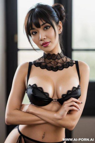 A woman indonesian, black eyes, black hair, lips, long hair, looking at viewer, photo background, signature, solo, violet lace half cup bra, nylon stockings，platform heels，whole body，stand，tods the - ai-porn.ai - Poland - Indonesia on pornintellect.com