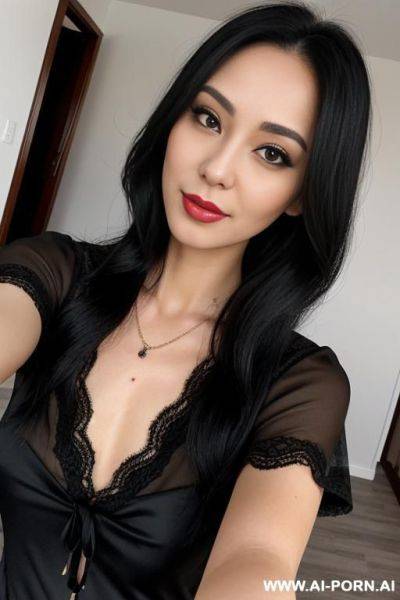 Woman long hair black lace blouse selfie - ai-porn.ai on pornintellect.com